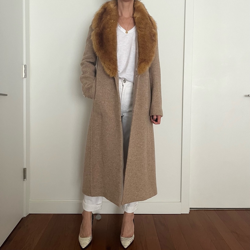 Helmut Lang Women's Coat XS Italian Wool Tan Faux Fur Collar Luxury Minimalist